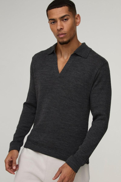 Трикотажне поло з довгими рукавами Regular Deep V Revere Collar