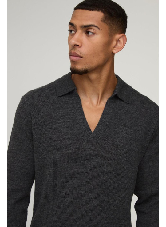 Трикотажне поло з довгими рукавами Regular Deep V Revere Collar
