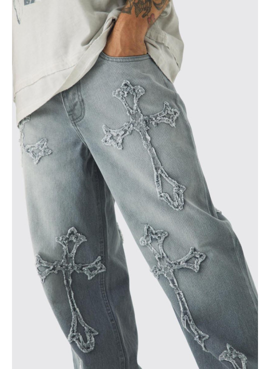 Мішкуваті світло-сірі джинси з жорсткою хрестовою аплікацією