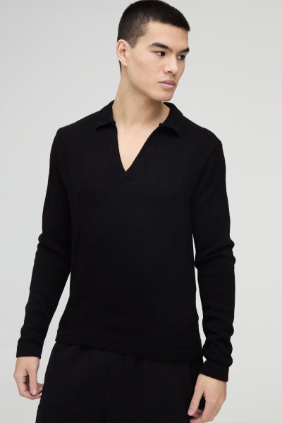 Трикотажне поло з довгими рукавами Regular Deep V Revere Collar