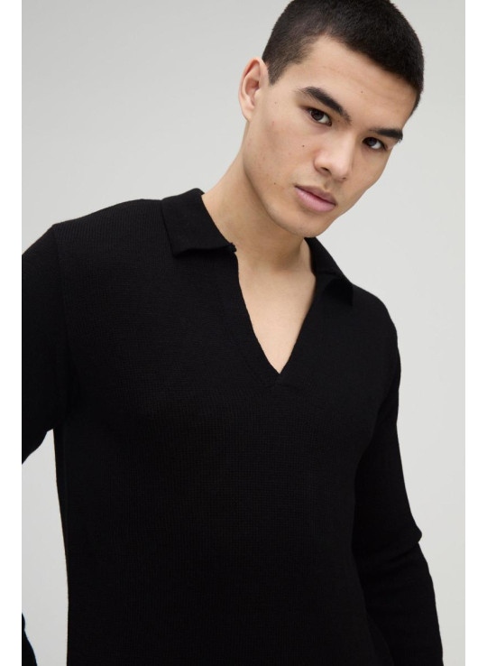 Трикотажне поло з довгими рукавами Regular Deep V Revere Collar