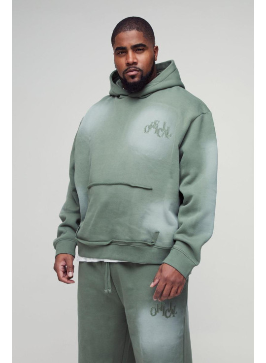 Крім того, великий спортивний костюм із капюшоном і капюшоном із розмитим одягом і аплікаціями