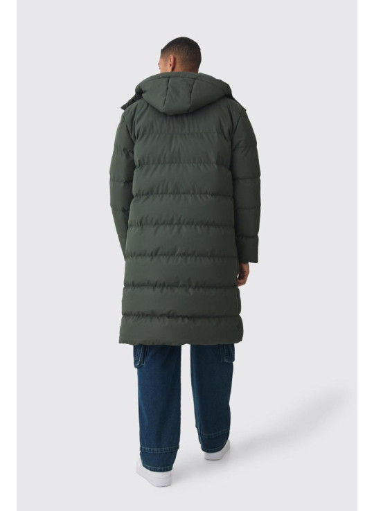 Пуховик кольору хакі з подовженим капюшоном