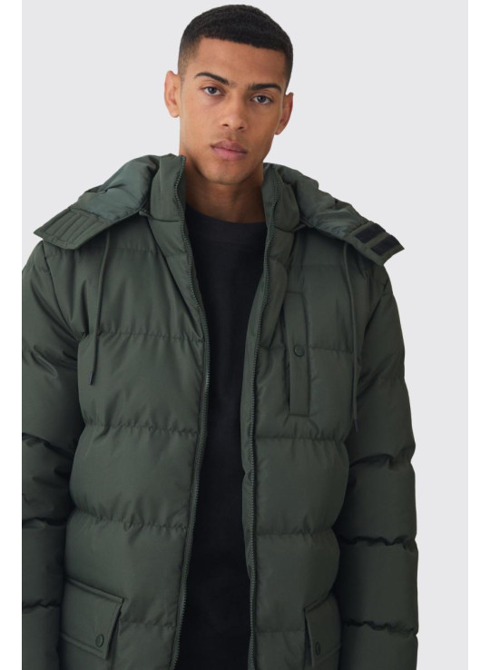 Пуховик кольору хакі з подовженим капюшоном
