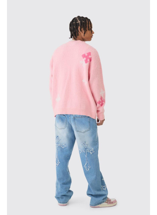 Мішкуваті світло-блакитні джинси з жорсткою хрестовою аплікацією