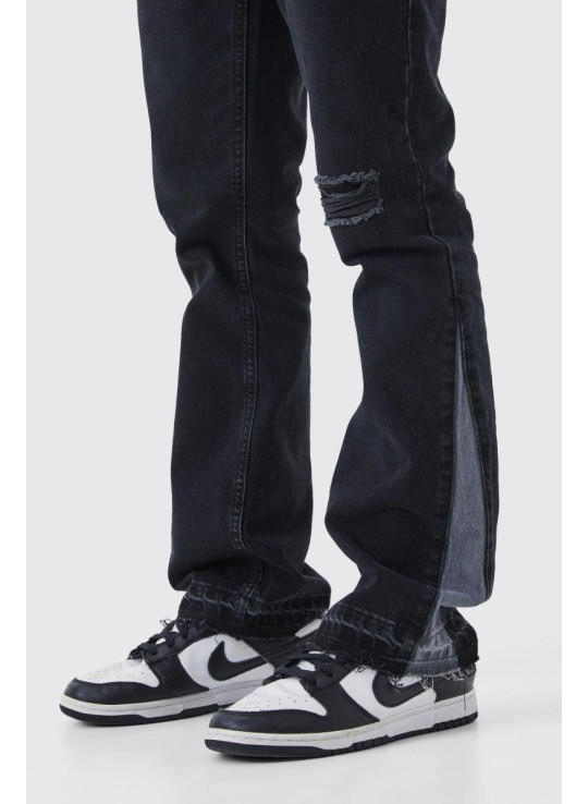 Тонкі жорсткі розкльошені контрастні рвані джинси з ластовицею